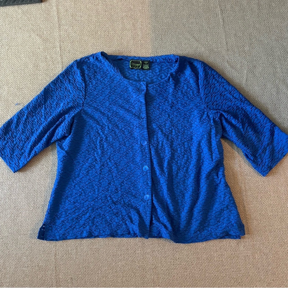 Nicaya Jacket Top 1X Lightweight Button Royal Blue Textured Stretch Semi Sheer